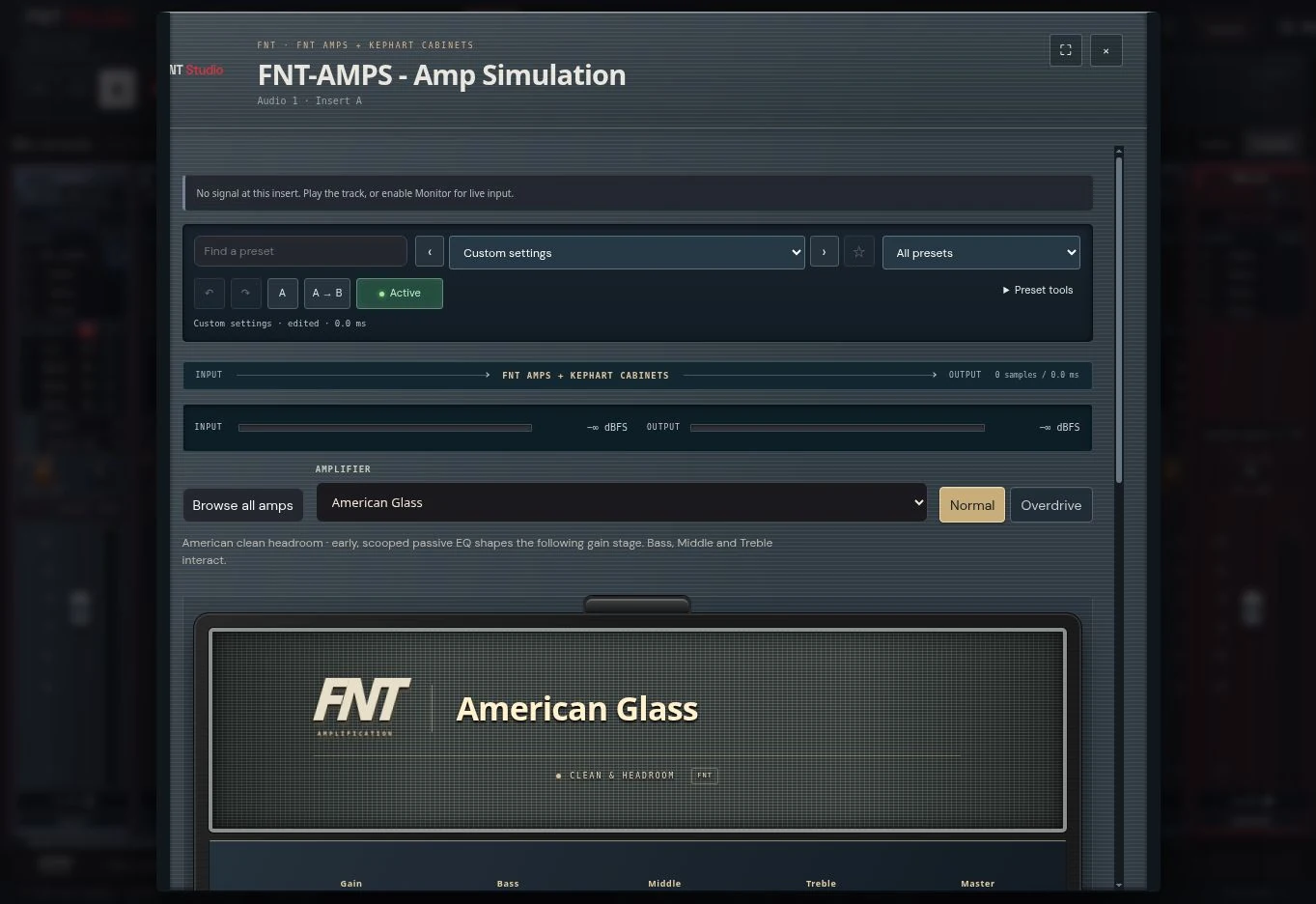 FNT AMPS plug-in window in Studio 1.22.0; original amp models and cabinet controls.