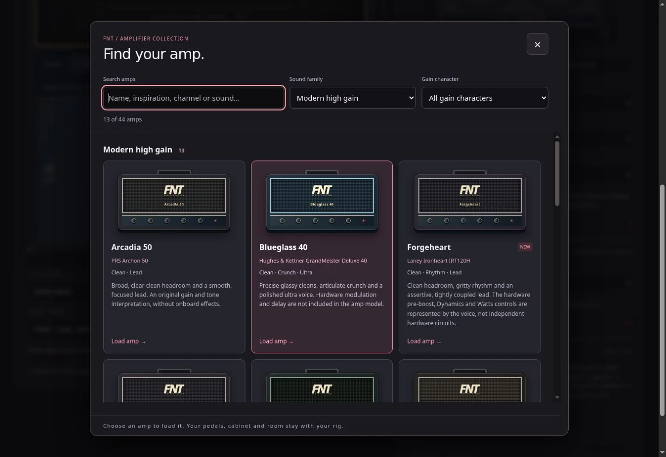 Actual Full Stack amp browser filtered to its 13 Modern high gain models, captured October 31.