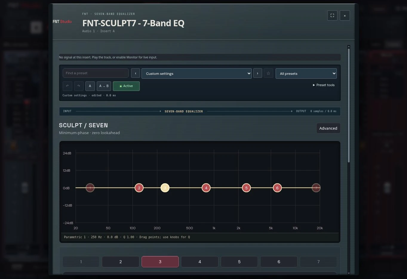 Sculpt7 equalizer in the current Session browser workspace; default flat response.